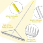 Close-up of the dual-sided landscape rake, one side for raking and the other for leveling, ideal for garden tools.