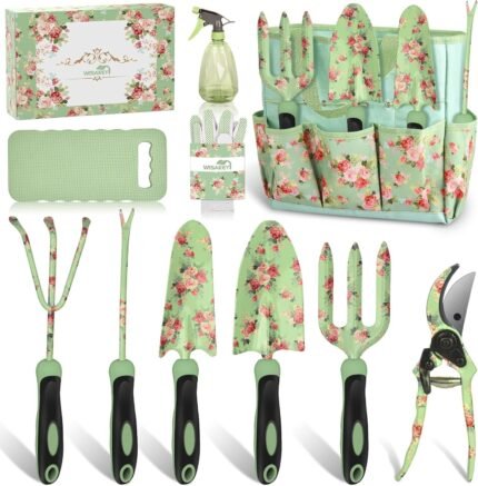 Full view of the WisaKey 10-piece garden tools set, including all items in the kit such as trowels, gloves, and more.