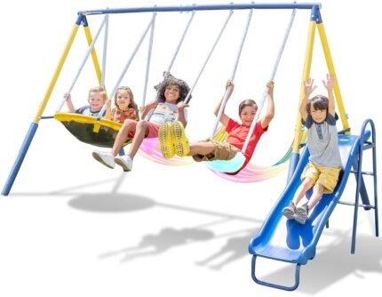 Fun and safe swing set with LED swings, saucer swing, and 5ft slide for kids, with a 500lbs weight capacity for outdoor play.