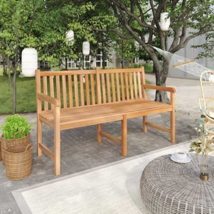 A beautiful view of the vidaXL 59" teak patio bench, perfect for outdoor relaxation.