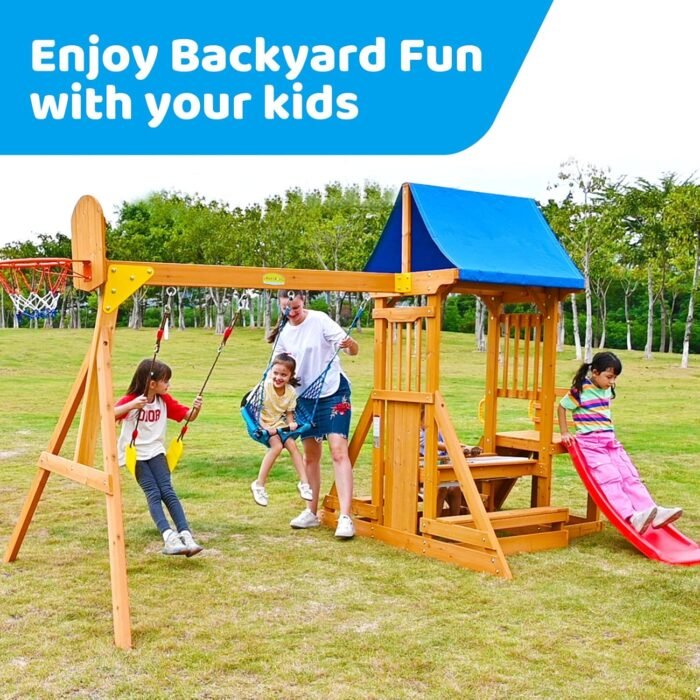 Built with a sturdy wooden frame and foam-padded legs, this swing set for kids ensures safety and durability.