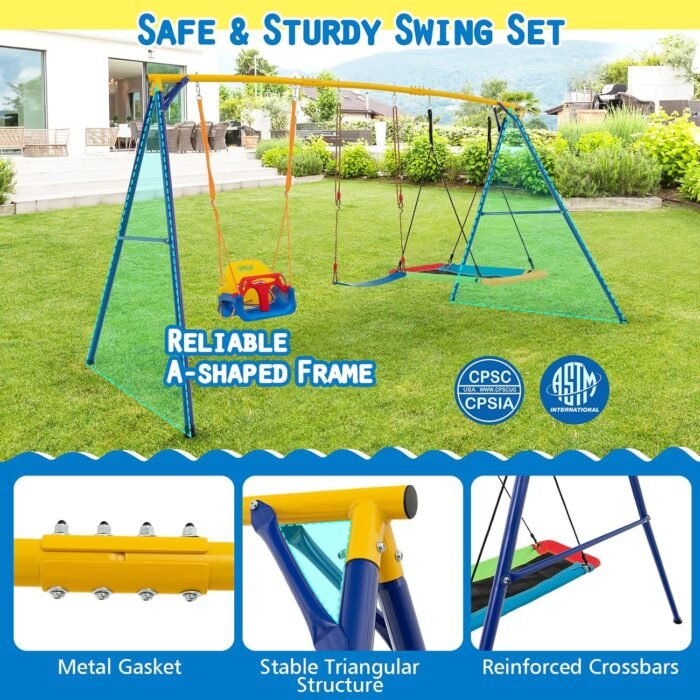 Swing Set for Kids image emphasizing the height-adjustable swings and non-slip foot pads for both indoor and outdoor use.
